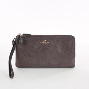 Coach Brown Pebble Leather Double Zip Wristlet F77734